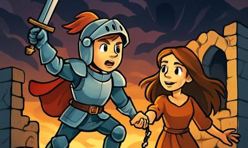 A young knight, Sir Cedric, stands bravely atop a crumbling tower, his silver armor shining in the golden light of the setting sun. His face is determined, with eyes gleaming with bravery and a focused expression. He wields his sword, ready to face danger. Beside him, Lady Elenora, a young woman of about 20 with long brown hair flowing in the wind, is free from her chains, her gaze filled with hope and gratitude. She wears a simple yet elegant dress and reaches out to Cedric, ready to support him in this trial. Their environment is an ancient tower with cracked stone walls and broken windows, surrounded by a stormy and threatening sky. Shadows dance around them, evoking the threat of the Shadow Lord lurking nearby. The main situation shows Cedric and Elenora united against adversity, ready to fight for their freedom and light, symbolizing courage and friendship in a world of magic and danger.