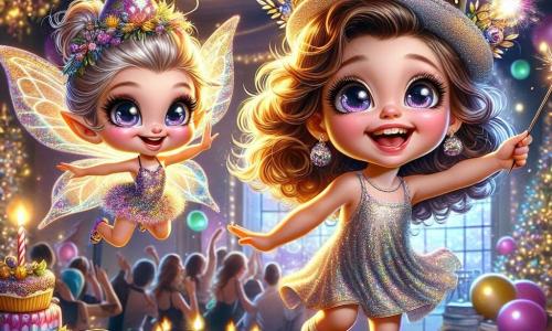A 6-year-old girl named Lily, with big sparkling eyes and curly hair, wears a shimmering party hat. She is full of excitement, jumping for joy with a big smile, surrounded by colorful New Year decorations. Next to her is a little fairy named Sparkle, with shiny wings and a sparkling dress, joyfully flying in the air while holding a magic wand. She has a smiling face radiating happiness, ready to spread magic. In the background, the room is decorated with sparkling garlands, colorful balloons, and a large "Happy New Year!" banner in golden letters. A table is filled with delicious treats, and friends and family dance and laugh, creating a festive atmosphere. The main scene shows Lily and Sparkle, hand in hand, gazing in wonder at a dazzling firework display in the night sky, illuminating their faces with magical, colorful light as they celebrate the magic of the New Year together.