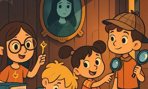 There are 4 children: Emma, an 8-year-old girl with long brown hair and round glasses, wearing a floral dress and holding a shiny key; Liam, a 9-year-old boy with messy blonde hair and a blue t-shirt, leaning forward curiously; Zoe, a 7-year-old girl with pigtails and a mischievous smile, wearing shorts and a striped t-shirt, pointing at an old painting on the wall; and Max, an 8-year-old boy with brown hair and a detective hat, holding a magnifying glass and standing near the door, ready to explore. The children are in the hall of an old house with dark wooden walls, cobwebs in the corners, and a dusty painting of a mysterious girl. Sunlight filters through the windows, illuminating old books stacked on a table. The main scene shows the children engaged in an investigation, searching for clues to discover hidden treasure, all excited and focused, surrounded by ancient objects and mysteries to solve.
