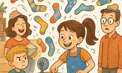 Mira, a smiling, focused girl inventor with brown hair in a ponytail and glue and cocoa stains on her blue apron, presses a big red button on a decorated shoebox contraption; Leo, an about-8-year-old blond boy with tousled hair, arms crossed and a skeptical but amused look, stands to her left holding a small notebook; Mom, in her thirties, laughs with a bowl of popcorn on the couch wearing a comical slipper on her head; Dad, in his forties with glasses slid down his nose, stands by the table looking surprised with a slipper askew on his head. The kraft cardboard shoebox machine sits center, decorated with colorful buttons, a blinking yellow interior light and a visible fan blowing multicolored socks (striped, polka-dot, banana-patterned) into the air like confetti. The warm, cluttered living room has shelves of books, a potted plant, a patterned rug, taped-up kids’ invention posters and stray pieces of tape; the scene captures a playful explosion of flying socks toward the viewer, exaggerated joyful expressions, dynamic movement, bright contrasting colors and textures of cardboard, fabric and soft light for a comic, affectionate atmosphere.