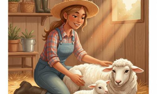 Mujer agricultora sonriente y cariñosa, cabello castaño claro recogido en coleta, con sombrero de paja, camisa a cuadros, peto vaquero y botas embarradas, arrodillada junto a una oveja blanca y lanuda llamada Luna que descansa sobre paja limpia mientras la acaricia; un corderito recién nacido, todo blanco y aún húmedo, acurrucado contra Luna en primer plano cerca de las manos de la mujer; establo de madera al fondo con rayos de sol naranja filtrándose por una claraboya, herramientas y cubos en estantes; escena tierno y apacible de nacimiento con atmósfera cálida, colores suaves y texturas tipo gouache.