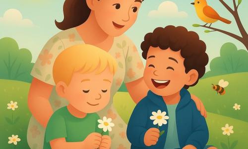 Drie personages: Finn, een jongen van ongeveer 4 jaar met kort blond haar en ronde wangen, zittend links in het gras in een lichtgroen T-shirt en groene rubberlaarzen, die een kleine witte madelief vasthoudt; Sam, ongeveer 4 jaar, krullend bruin haar en brede glimlach, rechts zittend in een blauwe jas en korte jeans, die lachend zijn madelief toont; en de moeder (30–35 jaar) met kastanjebruin haar in een paardenstaart, zachte gelaatstrekken en een lichte jurk met pastelbloemen, achter hen zittend, licht voorovergebogen met een lieve blik en een hand op Sams schouder. Locatie: een helder lentetuintje met groen gras vol kleine witte madeliefs, enkele kale takken met groene knoppen, een licht aardeachtig pad op de achtergrond, een lichtblauwe hemel met een lage goudgele zon en pluizige witte wolken; een bij die van een bloem of een korf wegvliegt en een vogel op een tak in de verte. Situatie: de jongens zitten in het gras en bewonderen hun madeliefs terwijl de moeder hen teder bekijkt; lichte, zachte kleuren, zonnestralen op hun gezichten, zachte schaduwen en een warme, rustige sfeer van ontdekking.