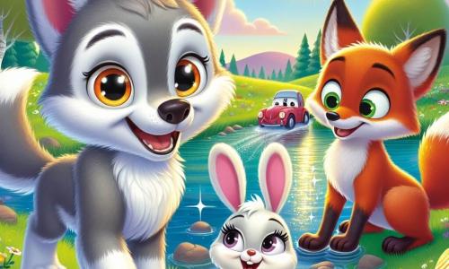 Wally, a cheerful little wolf with soft, fluffy fur, stands by a sparkling pond, his eyes sparkling with excitement. His big ears are perked up and his tail is in the air, showing how happy he is to share this adventure with his friends. Next to him, Bella, an adorable little rabbit with big ears and white fur, jumps for joy, her eyes shining with happiness. She holds a colorful egg in her front paws, ready to show it to Wally. Freddie, a clever fox with bright red fur, stands a little back with a mischievous smile on his face, holding a small toy car in his paw, eager to show it to his friends. The setting is a beautiful green field dotted with colorful flowers and bathed in the golden light of the setting sun. In the distance, a majestic old oak stands, while the sky is filled with pastel shades, creating a magical atmosphere. The scene shows Wally and his friends discovering a sparkling treasure chest emerging from the lake, filled with surprises and delights, symbolizing the spirit of adventure and friendship during this Easter celebration.