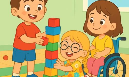 Há 3 personagens: Tomás, um menino de 6 anos com cabelo castanho bagunçado e olhos brilhantes, vestindo uma camiseta vermelha e um short azul, está em pé, sorrindo e segurando um bloco vermelho. Sofia, uma menina de 5 anos com cabelo loiro trançado e óculos redondos, vestindo um vestido colorido com flores, está sentada no chão, rindo e passando um bloco azul para Lara. Lara, uma menina de 6 anos com cabelo castanho e olhos suaves, está em uma cadeirinha de rodas azul, vestindo uma camiseta amarela e uma calça rosa, sorrindo enquanto segura um bloco amarelo, pronta para adicioná-lo à torre. O local é uma sala de jogos iluminada, com paredes verdes claras e janelas que deixam entrar a luz do sol. Tapetes coloridos estão espalhados pelo chão, e brinquedos estão desordenados ao redor, criando uma atmosfera alegre e acolhedora. A cena principal mostra os três amigos construindo uma grande torre de blocos coloridos, com Tomás concentrado na empilhagem, enquanto Sofia passa um bloco para Lara, que sorri entusiasticamente. A atmosfera é cheia de risos e camaradagem, ilustrando amizade e ajuda mútua.