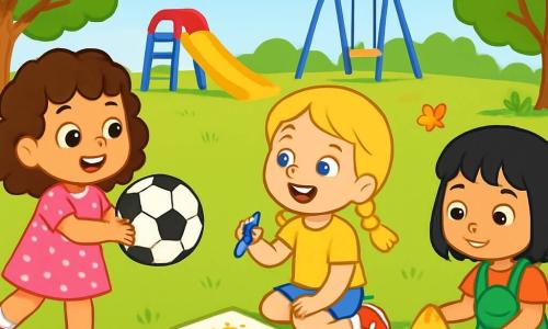 Există 3 personaje: - Mia: o fetiță de 5 ani, cu părul brun creț și ochi strălucitori. Poartă o rochie roz cu buline albe și ține o minge de fotbal în mâini. - Ana: o fetiță de 5 ani, cu părul blond împletit și ochi albaștri. Poartă un tricou galben și o pereche de pantaloni scurți din denim, desenând într-un caiet cu creioane colorate. - Sara: o fetiță de 5 ani, cu părul negru drept și ochi căprui. Poartă o salopetă verde și sandale, stând pe iarbă, înconjurată de flori colorate, construind un castel de nisip. Acțiunea are loc într-un parc însorit, cu copaci verzi, flori vibrante și un cer albastru. În depărtare, se vede un tobogan colorat și leagăne. Iarba este moale și verde, iar fluturii zboară în jurul florilor. Cele trei prietene se joacă împreună, Mia aruncând mingea de fotbal către Ana, care râde încercând să deseneze în timp ce se joacă. Sara este absorbită de castelul ei de nisip, creând o lume imaginară. Atmosfera este veselă și plină de energie, ilustrând bucuria de a juca afară fără ecrane.