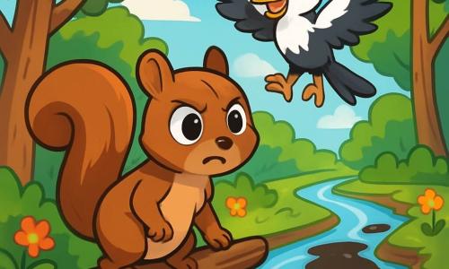 In een zonnige open plek kijkt een jonge eekhoorn genaamd Charlie, met een bruin vacht en een pluizige staart, met grote ogen en een vastberaden uitdrukking. Hij staat op een lage tak en observeert de vervuilde rivier die beneden stroomt. Naast hem staat zijn beste vriendin, Penny de specht, met haar glanzende zwart-witte verenkleed, die enthousiast met haar vleugels slaat en een bemoedigende glimlach toont. Ze zit op een tak net boven Charlie, klaar om hem te helpen. De plek is een groene bos, met majestueuze bomen met schitterende bladeren, kleurrijke bloemen verspreid over de grond en een rivier die door het landschap kronkelt, maar nu verstoord is door donkere vlekken van vervuiling. De hoofdscène toont Charlie en Penny die de rivier observeren, zich bewust van het belang van hun missie om hun habitat te redden, omringd door de schoonheid van de natuur die hen oproept om te handelen.