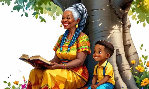 Nana, eine ältere Frau mit geflochtenem grauem Haar und einem warmen Lächeln, sitzt unter einem großen Baobab, umgeben von grünen Blättern und bunten Blumen. Sie trägt ein traditionelles Kleid mit lebhaften Mustern und hält ein altes Buch auf ihren Knien, ihr Blick strahlt Weisheit und Güte aus. Kofi, ein achtjähriger Junge mit funkelnden Augen und goldenem Teint, sitzt ihr gegenüber, die Beine crossed, und hört aufmerksam zu. Er trägt ein buntes T-Shirt und eine Stoffshorts, sein Gesicht ist von Neugier und Staunen erleuchtet. Der Ort ist ein malerisches afrikanisches Dorf mit Lehmhäusern und Strohdächern, grünen Feldern am Horizont und bunten Vögeln, die in einem strahlend blauen Himmel fliegen. Die Hauptsituation zeigt Nana, die Kofi Geschichten der Weisheit erzählt, während der sanfte Wind die Blätter um sie tanzen lässt und eine magische, warme Atmosphäre schafft.