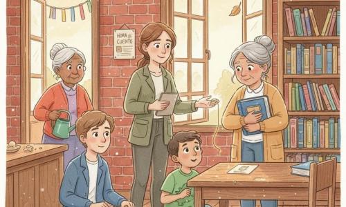 Una mujer adulta, la detective Clara, aparece serena y amable, cabello castaño recogido, chaqueta kaki y libreta en la mano izquierda, sonríe suavemente mientras extiende la mano hacia un gran libro de cubierta azul con una franja dorada desgastada. Marta, la bibliotecaria de unos 60 años, con cabello gris en moño y cárdigan mostaza, abraza el libro al pecho con alivio, junto a una estantería de madera. Leo, un niño de 6 años con camiseta verde de dinosaurio, mira el libro con ojos asombrados desde una posición agachada junto a la mesa. Nico, un joven de unos 20 años con chaqueta azul, abre discretamente su mochila junto a la detective, la mano cerca de un hilo dorado que cuelga de la cubierta. La vecina Inés, de unos 70 años, con pelo blanco y regadera verde, está en la puerta lateral con mirada cómplice. Interior: pequeña biblioteca acogedora con paredes de ladrillo, grandes ventanas que dejan entrar luz dorada, estanterías bajas llenas de libros, alfombra azul y mesa de madera gastada; la escena muestra la devolución del libro con una brisa que mueve ligeramente una hoja y una guirnalda de cintas; ambiente suave en colores pastel tipo acuarela, con detalles menores como migas en el mostrador y un cartel “Hora del Cuento” en la pared.