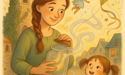 Adult Elowen, soft‑faced and smiling with bright hazel eyes and light chestnut braided hair, wearing a simple sage dress, delicately opens a large glass jar and reaches toward a breeze that escapes; nearby the small nonhuman fairy Luma in a dewy, sparkling dress with translucent gold‑edged wings hovers at Elowen’s shoulder sprinkling tiny blue sparks; a six‑year‑old girl in pigtails and a red coat stands a few steps ahead holding a colorful kite beginning to lift, eyes skyward; the scene is an ivy‑covered old stone tower with a round window, a cobbled lane to a square of blue‑roofed houses with doorbells and flower pots in golden evening light; Elowen releases the wind and silver, shimmering ribbons swirl around them, lifting the kite and making the village bells tinkle.
