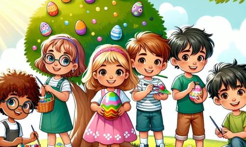 In un parco soleggiato, cinque bambini sono riuniti per una caccia alle uova di Pasqua. Luca, un ragazzo di dieci anni con capelli castani e un sorriso brillante, tiene un uovo di legno colorato in mano e si trova al centro, pieno di entusiasmo. Sara, una ragazza di nove anni con capelli biondi e ricci, indossa un vestito rosa e a sinistra di Luca sta dipingendo un uovo con colori vivaci. Marco, un ragazzo di dieci anni con occhiali e capelli castani, è a destra di Luca, sorridente e pronto a creare con una tavolozza di colori. Sofia, una ragazza di otto anni con occhiali rotondi e trecce, è accovacciata davanti a un grande albero, osservando attentamente un uovo nascosto nell'erba. Giovanni, un ragazzo di sette anni con capelli neri e una maglietta verde, è un po' in disparte con un piccolo cesto di vimini pieno di uova colorate. Il parco è pieno di fiori vivaci, grandi alberi verdi e un cielo blu chiaro, con uova di Pasqua colorate sparse ovunque. I bambini ridono e si entusiasmano mentre cercano uova brillanti, pronti a scoprire le sorprese magiche che la Pasqua riserva loro.