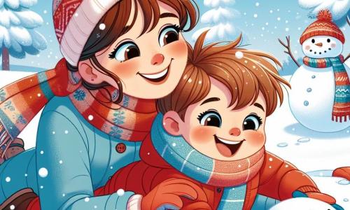 Un bambino di un anno, con capelli castani disordinati e grandi occhi scintillanti, è sdraiato nella neve, ridendo a crepapelle. Indossa una tuta invernale rossa, guanti blu e un berretto di lana con un pompon. Accanto a lui, la mamma, una donna di circa 30 anni con capelli castani raccolti in uno chignon e un sorriso caloroso, rotola una palla di neve per creare un grande pupazzo di neve. Indossa una giacca blu e una sciarpa colorata, piegandosi leggermente verso il figlio con tenerezza. La scena si svolge in un parco invernale, dove la neve copre il terreno come un morbido tappeto bianco. Gli alberi con i rami carichi di neve si ergono sullo sfondo, e il cielo è di un blu chiaro, punteggiato di nuvole soffici. Il bambino si diverte a fare angeli nella neve, mentre la mamma costruisce un pupazzo di neve accanto a lui, creando un'atmosfera gioiosa e calorosa in pieno inverno.