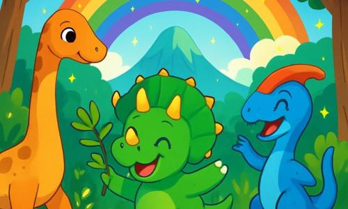 Un tricératops alegre, llamado Tito, está en el centro de la imagen. Es de un verde brillante, con tres cuernos relucientes y una gran sonrisa que ilumina su cara. Tito baila bajo un arcoíris centelleante, con sus ojos chispeantes de felicidad. A su lado, una amistosa braquiosaurio, Lila, con un largo cuello y manchas marrones, le ofrece una rama llena de hojas verdes. Un parasauralophus travieso, Dino, con una cresta roja y un pelaje azul brillante, salta a su alrededor, riendo de alegría. Al fondo, se alza una majestuosa montaña cubierta de flores coloridas y luciérnagas brillantes que danzan en el aire. La escena ocurre en un claro encantado, donde la luz del sol se filtra a través de los árboles gigantes, creando una atmósfera mágica. Tito, Lila y Dino celebran su amistad bailando juntos bajo el radiante cielo, rodeados de la belleza de la naturaleza prehistórica.