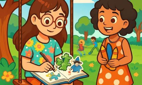 Hay 2 personajes principales: - Marta: una niña de 11 años, con cabello largo y castaño y gafas redondas, que lleva una camiseta colorida con estampados de flores. Está sentada en un columpio, con un cuaderno abierto en sus rodillas, escribiendo una historia. - Lucía: una niña de 11 años, con cabello corto y rizado, que lleva un vestido de lunares y zapatillas. Está de pie al lado de Marta, sonriendo, sosteniendo lápices de colores en sus manos, lista para ayudarla a dibujar personajes. La situación principal se desarrolla en un parque soleado, lleno de árboles verdes y flores brillantes. Niños juegan a lo lejos, y un gran cielo azul se extiende sobre ellas, salpicado de algunas nubes blancas y esponjosas. La historia muestra a Marta y Lucía creando juntas una obra mágica. Marta escribe en el cuaderno, mientras Lucía dibuja personajes coloridos a su alrededor, ilustrando las aventuras fantásticas que imaginan. Las dos amigas comparten un momento de complicidad, rodeadas de la belleza del parque, celebrando su creatividad y amistad.