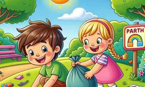 A 4-year-old boy, Leo, with messy brown hair and a big joyful smile, is crouched on the green grass of the park, holding a colorful trash bag filled with waste. Next to him, his best friend Mia, a 4-year-old girl with braided blonde hair and a pink dress, is helping by picking up pieces of plastic, her face beaming with determination. In the background, Sunny Park is filled with tall trees with vibrant leaves, colorful flowers, and a clear blue sky, but there are still some litter scattered on the ground. The scene shows Leo and Mia cleaning the park, surrounded by laughter and a sense of camaraderie, with colorful signs encouraging people to keep the park clean.