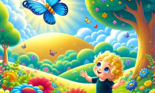 In un giardino incantato, un bambino di 18 mesi di nome Leo, con capelli biondi ricci e grandi occhi blu scintillanti, sorride gioiosamente guardando una farfalla blu brillante. La farfalla, delicata e colorata, vola attorno a un grande e luminoso fiore giallo, le sue ali scintillanti sotto il sole. Il giardino è pieno di fiori multicolori, grandi alberi con foglie verdi brillanti e un cielo azzurro chiaro punteggiato di nuvole soffici. In lontananza, si intravede una collina dorata che sembra invitare all'esplorazione. Leo tende la mano verso la farfalla, pronto ad accompagnarla in un'avventura magica attraverso il Giardino dei Sogni, dove ogni fiore racconta una storia. La scena emana un'atmosfera gioiosa e sognante, piena di colori vivaci e luce.