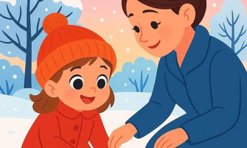 A 4-year-old girl with big bright eyes and rosy cheeks is wearing a bright red coat and a wool hat. She smiles in wonder while watching a small brown bird pecking at seeds in the snow. Next to her, her mother, a gentle woman in her 30s with brown hair tied in a bun, is wearing a blue coat and leans slightly towards her daughter, smiling tenderly. The scene takes place in a winter garden, with the ground covered in a thick layer of sparkling snow under the soft light of dusk. Snow-laden trees stand in the background, and the sky is tinted with pastel shades of pink and blue. The girl and her mother are feeding the small bird by scattering seeds on the snow, while snowflakes gently fall around them, creating a magical and peaceful atmosphere.