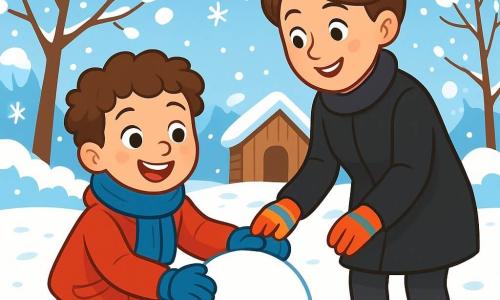 Een 6-jarig jongetje, Lucas, met bruin, krullend haar, draagt een grote rode jas en een blauwe sjaal. Hij heeft sprankelende ogen van vreugde en een grote glimlach op zijn gezicht terwijl hij in de sneeuw speelt. Naast hem staat zijn moeder, een vrouw van rond de dertig met kastanjebruin haar in een knot, die een zwarte jas en kleurrijke handschoenen draagt. Ze glimlacht teder terwijl ze Lucas' kleine hand vasthoudt, klaar om hem te helpen een sneeuwman te bouwen. De scène speelt zich af in een wintertuin, waar de sneeuw de grond bedekt als een zachte witte deken. Bomen zijn versierd met glinsterende sneeuwvlokken, en voetstappen leiden naar een klein houten schuurtje. Lucas, helemaal opgewonden, staat op het punt een sneeuwbal te rollen om een sneeuwman te maken, terwijl zijn moeder hem aanmoedigt met een warme blik.