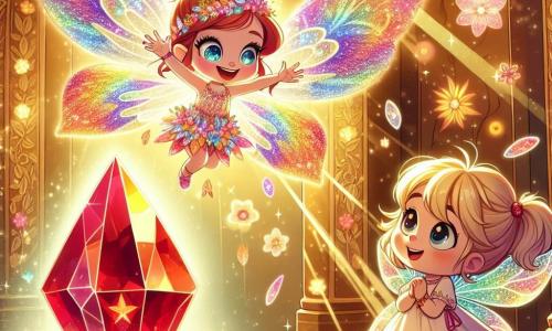 Una pequeña hada llamada Lila, con alas brillantes de colores del arcoíris, flota alegremente en el aire. Su rostro está iluminado por una gran sonrisa y lleva un vestido hecho de pétalos de flores. Extiende la mano hacia un cristal rojo brillante, símbolo de la magia de la ciudad. Junto a ella, una niña llamada Luna, de unos 8 años, la observa con asombro. Tiene grandes ojos curiosos y cabello dorado que brilla al sol. Lleva un vestido ligero y colorido, y mira el cristal con fascinación, lista para hacer un sacrificio para salvar la magia. La escena transcurre en una habitación mágica, llena de luz dorada. En el centro, un gran cristal rojo emite rayos luminosos, mientras que patrones de flores y estrellas bailan en las paredes. Libros voladores flotan a su alrededor, añadiendo un toque de misterio a la atmósfera. Lila y Luna están frente al cristal, listas para liberar la magia de la ciudad. Lila sonríe con esperanza, mientras que Luna, con una expresión decidida, está a punto de dejar su piedra azul, un acto de valentía para salvar su mundo encantado.