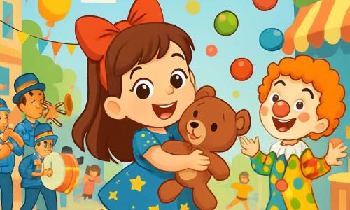 A 6-year-old girl named Mila, with big sparkling eyes and a radiant smile, wears a blue dress adorned with shimmering stars and a large red bow in her brown hair. She joyfully dances, holding her teddy bear, Benny, in her arms, with a look of wonder on her face. Next to her, a 7-year-old boy in a colorful clown costume with a red nose and giant shoes juggles colorful balls, laughing with happiness. A group of musicians in shiny costumes plays drums and trumpets, creating a festive atmosphere around them. The scene is set on a lively street decorated with bright garlands, floating balloons, and candy stands, with children running and playing under a bright blue sky. The main focus is on Mila and Benny, amazed in the middle of the celebration, surrounded by laughter and music, ready to explore the wonders of the carnival.