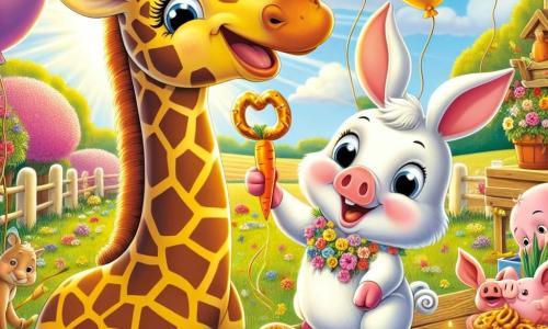 O girafă veselă numită Gigi, cu un gât lung zebră de pete galbene și maronii, zâmbește larg în timp ce decorează o fermă colorată cu baloane și flori strălucitoare. Lângă ea, un iepuraș numit Micky, cu urechi mari și blană albă, sare de bucurie ținând o morcov în picioare, pregătit să o ajute. În fundal, un purceluș numit Bubu, cu pielea roz și obraje rotunzi, este ocupat să pregătească prăjituri delicioase pe o masă din lemn rustic. Scena se desfășoară într-o fermă însorită, înconjurată de câmpuri verzi și copaci înfloriți, unde aerul este plin de râsete și bună dispoziție. Gigi și prietenii ei pregătesc o mare petrecere, plină de jocuri și delicii, în timp ce razele soarelui luminează aventura lor veselă.