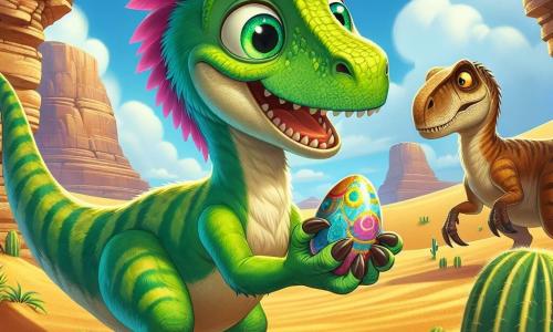 Um velociraptor chamado Rafi, com plumagem verde brilhante e olhos cheios de curiosidade, está no centro da imagem, segurando uma pedra colorida com suas pequenas patas, exibindo um grande sorriso de empolgação. Ao seu lado, sua irmã Lili, um velociraptor de penas rosas, observa a pedra com admiração, os olhos arregalados, enquanto se mantém um pouco para trás, pronta para ouvir seu irmão. Ao fundo, seu pai, o sábio Velociraptor Velo, com penas marrons e um olhar protetor, observa atentamente, perto da entrada de uma caverna. O cenário é um vasto deserto antigo, com dunas de areia dourada se estendendo até onde a vista alcança, salpicadas de grandes cactos verdes e rochas esculpidas pelo vento. O céu é de um azul brilhante, com algumas nuvens brancas flutuando, e uma tempestade de areia distante se perfila no horizonte, criando um contraste dramático. A cena captura o momento em que Rafi descobre a pedra mágica, cercado por sua família, prontos para embarcar em uma nova aventura juntos, com um sentimento de admiração e camaradagem palpável.
