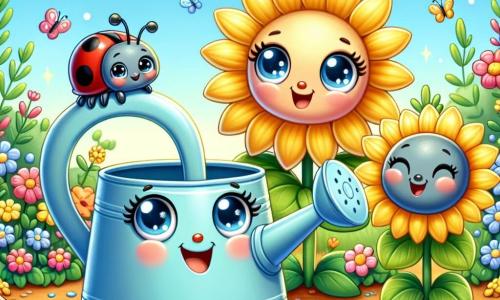 A small watering can named Daisy, in pastel blue with big sparkling eyes, is joyfully discovering spring treasures in a sunny garden. She has a big smile, her handles raised enthusiastically. Next to her, a sunflower named Sunny, with bright yellow petals and a smiling face, leans slightly toward Daisy, sharing in her excitement. A little red ladybug with black spots, named Ladybug, is perched on the edge of the watering can, her tiny legs waving with enthusiasm. The garden is filled with colorful flowers, green grass, and butterflies fluttering in the air under a clear blue sky dotted with a few white clouds. Daisy, Sunny, and Ladybug are together searching for spring treasures, like blooming flowers and cheerful insects, creating a magical and joyful atmosphere.