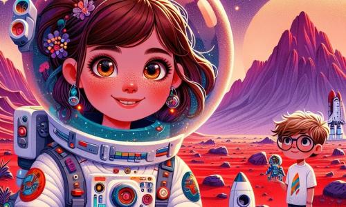 The main character is an astronaut, Dr. Amelia Starling, with brown hair in a ponytail and sparkling curious eyes. She wears a white spacesuit with colorful details and a clear helmet, standing on the red surface of Mars with a look of wonder, gazing at the alien landscape. Nearby, a young boy of about 10, with messy blonde hair and glasses, admires Amelia. He wears a rocket-patterned t-shirt and holds a small model spaceship, dreaming of becoming an astronaut one day. The setting is a spectacular Martian landscape, featuring red sand dunes, majestic mountains on the horizon, and a purple sky dotted with twinkling stars. Strange rocks and unique geological formations enhance the beauty of this alien environment. The main scene shows Amelia enthusiastically collecting Martian soil samples with a small scientific tool, while the boy watches her, his eyes shining with wonder, imagining the adventures he could have in space.