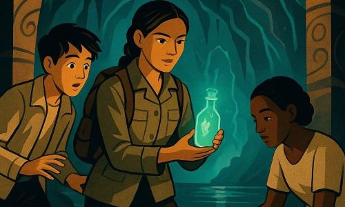 Mara, an explorer of about 35 with a determined yet gentle face, braided brown hair, a khaki canvas jacket, muddy leather boots and a worn backpack, holds a small glass bottle glowing blue-green; Jory, about 16, messy-haired and both awed and anxious in a light beige jacket, stands slightly left and ready to help, eyes fixed on the bottle; Kessa, an artisan of about 30 with calloused hands and a simple linen outfit, crouches to the right behind Mara examining flat stones while holding white chalk. They are in a vast cavern of gray-brown rock with blue-green luminous veins, elegant stalactites, a dark mirror lake reflecting the glow and a small misted stone island; the team has just sampled a luminescent spring and the scene captures a calm tension: humid, shimmering air, focused faces bathed in soft light creating bold shadows, in a symmetrical Art Deco–inspired composition with spiral motifs carved on stone pillars in the background.