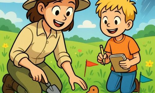 A female archaeologist, Dr. Mina, is kneeling in a green field, her eyes shining with excitement and curiosity. She wears a beige sun hat, a lightweight long-sleeve shirt, and sturdy boots, holding a small trowel in one hand while gently exploring the ground with the other. Nearby, a young boy around 10 years old, her assistant, watches attentively, his tousled blonde hair and amazed smile evident as he holds a notebook and pencil. The setting is a vast sunny field dotted with colorful wildflowers and small hills, under a blue sky with fluffy white clouds. In the distance, flashes of light indicate an approaching storm, adding a touch of mystery to the scene. The main focus shows Dr. Mina discovering an ancient pit in the ground, where she has found a small clay bird figurine, which she examines carefully as the wind makes the colorful marking ribbons dance around her.