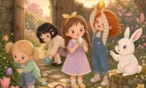 Five characters: Lila, an 8-year-old girl with brown braided hair tied with a yellow ribbon in a pastel polka-dot dress, stands center holding a small silver swirled egg labeled 