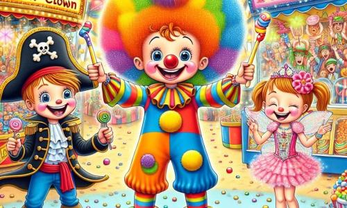 In een kleurrijke carnavalscène zien we drie hoofdpersonages: 1. **Timmy**, een 7-jarig jongetje in een felgekleurde clownskostuum met een grote clownshoofd, een enorme rode neus en schoenen die "piou-piou" maken. Hij staat in het midden van de afbeelding, glimlachend en met zijn armen in de lucht, vol energie. 2. **Max**, een 7-jarig jongetje aan zijn rechterkant, gekleed als piraat met een verenhoed en een ooglapje. Hij houdt een plastic zwaard omhoog en knipoogt met een grote glimlach. 3. **Sam**, een 7-jarig meisje aan de linkerkant van Timmy, gekleed als fee met glinsterende vleugels en een roze jurk. Ze houdt een toverstok vast en maakt een gebaar van magie, omringd door kleine fonkelende sterren. De achtergrond is een levendig carnaval met kleurrijke ballonnen die in de blauwe lucht zweven, bloemenkransen die aan de snoepstands hangen, en mensen in kostuums die om hen heen dansen. Op de achtergrond paradeert een grote optocht van versierde wagens met fonkelende lichten en fantasierijke personages. De belangrijkste situatie toont Timmy, Max en Sam, samengebracht in het hart van het feest, lachend en plezier makend, omringd door de magie en vreugde van het carnaval.