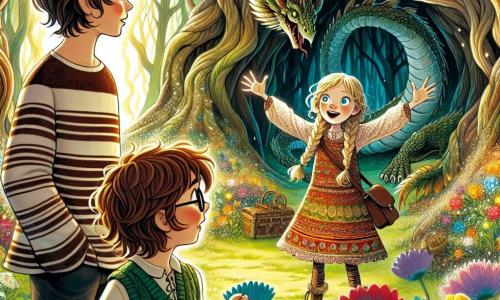 Într-o pădure fermecată, trei copii stau în centrul scenei. Doru, un băiat de doisprezece ani cu părul brun și un tricou raiat, privește cu curiozitate un dragon. La stânga lui, Ana, o fetiță de zece ani cu părul blond împletit și o rochie colorată, zâmbește entuziastă, pregătită să exploreze. La dreapta, Toma, un băiat de unsprezece ani cu ochelari rotunzi și un pulover cu modele, gesticulează povestind o poveste captivantă. Decorul este o pădure magică, cu copaci înalți și răsuciți, iar frunzele strălucesc în culori vii sub razele soarelui. Flori multicolore cresc în jurul lor, iar o briză ușoară face petalele să danseze. În fundal, o mică peșteră întunecată, unde se ascunde dragonul, emană o ușoară lumină aurie. Situația principală îi arată pe Doru, Ana și Toma descoperind un dragon miniatural, cu solzi strălucitori și un zâmbet ștrengar. Copiii sunt fascinați, pregătiți să trăiască o aventură amuzantă, în timp ce dragonul le oferă bomboane magice care îi vor face să zboare.