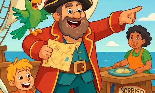 O Capitão Barriga-Feliz, um homem jovial de cerca de cinquenta anos, está no convés do navio Sorriso do Mar, com um grande sorriso e olhos brilhantes de alegria. Sua barba espessa é castanha com toques de grisalho, e sua roupa de pirata é colorida, com um chapéu de penas vibrantes. Ele segura um mapa do tesouro em uma mão, enquanto a outra aponta para o horizonte, demonstrando seu entusiasmo. Ao seu lado, Tonico, um papagaio com penas brilhantes de verde e azul, está empoleirado em seu ombro, rindo de forma travessa. Mais adiante, Dona Rita, uma mulher de quarenta anos com cabelos cacheados e um avental colorido, prepara um prato de peixe em uma mesa de madeira, lançando um olhar divertido para Barriga-Feliz. Finalmente, João Pé-de-Mola, um garoto de cerca de dez anos com cabelos loiros bagunçados, corre pelo convés com energia, rindo e brandindo uma espada de madeira. O local é um navio pirata vibrante, com velas brancas sopradas pelo vento, cordas entrelaçadas e barris de suprimentos espalhados pelo convés. Ao fundo, as ondas brilham ao sol, enquanto um céu azul claro se estende até onde a vista alcança. A cena principal mostra o capitão e sua tripulação se preparando para a aventura, cheios de excitação e risos, prontos para seguir o misterioso caminho traçado no mapa em busca do Tridente Dourado.