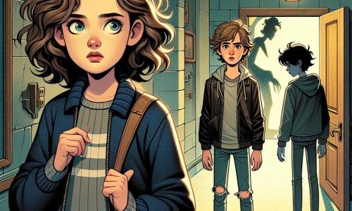 Uma menina de 12 anos, Clara, com cabelo castanho e cacheado, usa um suéter azul-marinho e um jeans rasgado. Seu rosto expressa curiosidade misturada com um leve medo, e seus olhos brilhantes observam a escuridão. Ao seu lado, Lucas, um garoto de 12 anos com cabelo loiro e bagunçado, veste uma jaqueta de couro e olha com uma expressão de preocupação, mantendo-se um pouco afastado. Eles estão em um longo corredor escuro da escola, com paredes de pedra cinza, onde sombras dançam sob a fraca luz das lâmpadas amareladas. A cena principal mostra Clara e Lucas diante de uma porta de madeira antiga, entreaberta, que emite uma luz misteriosa, enquanto uma sombra indistinta parece se mover atrás dela, criando uma atmosfera intrigante e assustadora.