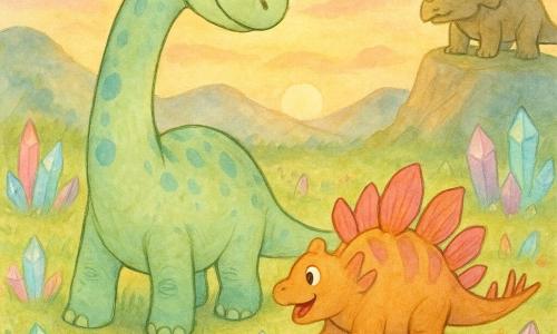 Milo, un mare diplodocus cu gât lung și ochi blânzi, piele verde pal cu pete turcoaz, se plimbă printre cristale întinzând gâtul; Leo, un stégosaur mic, colorat și vesel, cu plăci roz-portocalii, aleargă spre el agitând coada; în fundal, un triceratops liniștit stă pe o stâncă cu coarne strălucitoare și privește cu bunătate. Valea e acoperită de cristale translucide multicolore, iarbă scurtă, flori sălbatice și coline blânde sub un cer pastel la apus. Scena principală: reuniunea tandră a celor doi frați dinozauri printre cristale sclipitoare, lumină blândă și atmosferă magică.