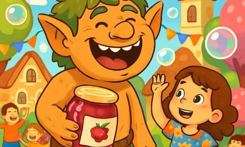 A troll named Glump, with mossy green hair and a big smile, stands in the center of the image, laughing heartily. He has rough skin and sparkling mischievous eyes, while holding a large jar of raspberry jam. Next to him, a small girl with curly brown hair, about 8 years old, wears a colorful floral dress and gazes at the troll in wonder, ready to catch one of the bubbles floating around them. In the background, a sunny village of Whifflewood, with gingerbread houses and candy trees, is decorated with colorful garlands. The scene is filled with giant soap bubbles that pop with amusing sounds, while children laugh and dance around them, creating a joyful and festive atmosphere.