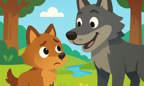 Een kleine wolf met een zachte, bruine vacht, genaamd Lobo, staat moedig in het midden van de scène, met heldere en vastberaden ogen, en een uitdrukking die zowel nieuwsgierig als een beetje nerveus is. Naast hem leunt de Grote Slechte Wolf, een grote grijze wolf met doordringende ogen en een vriendelijke glimlach, iets naar Lobo toe, met een verraste en warme uitdrukking. De setting is een zonnige open plek in een weelderig bos, omringd door grote bomen met stevige stammen en kleurrijke bloemen die in de bries dansen. Op de achtergrond schittert een beekje onder de zonnestralen, wat een vleugje magie aan de omgeving toevoegt. De belangrijkste situatie toont Lobo, de kleine wolf, die moed toont door naar de Grote Slechte Wolf toe te gaan om met haar te praten, terwijl ze tegenover elkaar staan, klaar om elkaar te begrijpen en vrienden te worden.