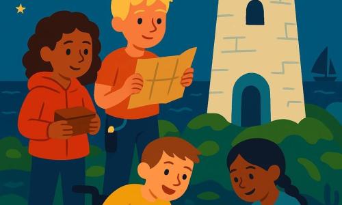 Vier kinderen op een kleine, maanverlichte rotsachtige eilandje met een oude witte stenen vuurtoren: een 10-jarige meisje met krullend bruin haar en rode capuchonjas houdt voorzichtig een houten doosje, links in het groepje; een 10-jarige jongen met kort blond haar en zaklamp aan zijn riem rolt een perkamentkaart uit naast haar; een 9-jarig meisje met zwarte vlecht knielt en wijst naar een klein zeemeerminnenbeeldje terwijl ze een schetsboek open heeft, rechts onder; en een 10-jarige jongen in een rolstoel met lichtbruin haar en brede glimlach reikt naar een lichtgevende parel, iets vooraan in het midden. Ze plaatsen samen de glanzende parel en het houten doosje in een gebeeldhouwde nis aan de voet van de vuurtoren; zachte gloed van de parel verlicht hun verwonderde gezichten, met een subtiele spanning omdat ze zojuist dreigende silhouetten op afstand hebben afgestopt; omringd door met mos bedekte rotsen, glanzende algen, zilveren golven en een sterrenhemel met enkele donkere boten aan de horizon.