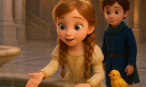 De prinses (6 jaar) met lichtblauwe ogen en lichtbruin gevlochten haar knielt in een crèmekleurige fluwelen jurk met gouden borduursels en reikt naar een klein blauw fluwelen zakje op de rand van een ronde stenen fontein; de prins (ongeveer 7 jaar) met kort krullend haar in een marineblauw jongedelige outfit en een groene sjaal staat iets op de achtergrond, beschermend en nieuwsgierig vanaf de trappen van een grote marmeren paleiszaal met gebeeldhouwde zuilen en warme gekleurde glazen lampen; een klein gouden vogeltje met halfgespreide vleugels zit op de fontein en bekijkt de drie zilveren sleuteltjes in het zakje, elk met een symbool (ster, blad, golf) — intieme, magische en nieuwsgierige scène.