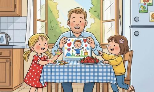 Drei Personen: ein Vater (Mann, ~36 Jahre) mit rundem Gesicht, Dreitagebart, hellbraunen Haaren und warmem Lächeln sitzt am hellen Holztisch und hält stolz das Rückseite des Bildes; links Lilli (~7) mit blonden Zöpfen, rotem gepunktetem Kleid und farbklecksen an den Fingern reicht ihm das Bild, rechts Mia (~5) mit kurzem brünettem Haar, Blumenhaarbürste, gelbem Pulli und Sandalen hüpft leicht und zeigt eine Erdbeere auf dem Teller. Ort: sonnige, gemütliche Küche mit blau kariertem Tischtuch, offenem Fenster mit wehenden Gardinen, beigen Fliesen und Kinderzeichnungen am Kühlschrank. Szene: Überraschungsmorgen zum Vatertag, die Mädchen schenken ein buntes Bild und ein einfaches Frühstück, fröhliche Gesichter, sanftes Licht, zarte familiäre Stimmung, kräftige Farben, klare Konturen im Stil einer europäischen Comiczeichnung.