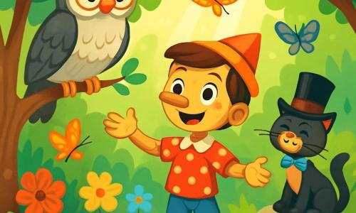 Pinocho, un niño de madera con ojos brillantes y una sonrisa radiante, se encuentra en el centro de un claro soleado, rodeado de flores vibrantes y mariposas coloridas. Su cuerpo de madera es liso y pulido, y lleva una camisa roja con lunares blancos y un pequeño sombrero puntiagudo. Está gesticulando con entusiasmo, los brazos abiertos, como si compartiera una gran noticia. A su lado, la Señora Búho, una gran lechuza de plumas plateadas y gafas doradas, está posada en una rama baja, escuchando atentamente a Pinocho con un aire sabio y benevolente. Un poco más lejos, el Gato Filósofo, un gato elegante con un sombrero de copa y una pajarita de lunares, se estira perezosamente sobre una piedra, observando la escena con una sonrisa traviesa. El lugar es un hermoso bosque verde, donde los rayos del sol filtran a través de las hojas, creando patrones luminosos en el suelo cubierto de musgo. Flores multicolores y hongos de formas extrañas salpican el suelo, añadiendo un toque de magia al entorno. La situación principal muestra a Pinocho compartiendo con pasión las lecciones que ha aprendido sobre la importancia de escuchar a los demás, celebrar las diferencias y trabajar juntos, mientras los personajes secundarios lo escuchan con admiración, creando una atmósfera de alegría y armonía.