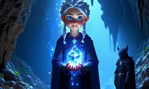 Elara, una mujer maga de cabello plateado y ojos brillantes como estrellas, se encuentra en el centro de una caverna misteriosa, sosteniendo el Cristal de Aethra en sus manos. Su rostro expresa una determinación asombrosa, mientras una suave luz del cristal ilumina su cara. A su lado, un guardián oscuro, una criatura de forma humanoide, se erige con piel negra como el ónice y ojos rojos brillantes, listo para defender el cristal. Es alto e imponente, con brazos musculosos preparados para atacar. La caverna está adornada con cristales brillantes que reflejan la luz, creando un espectáculo de colores vivos en las paredes rocosas. Estalactitas cuelgan del techo y una ligera neblina flota cerca del suelo, añadiendo una atmósfera mística a la escena. La situación principal muestra a Elara, lista para enfrentarse al guardián y recuperar el cristal, un momento de tensión donde la magia y el coraje se entrelazan en una épica lucha por el destino del mundo.