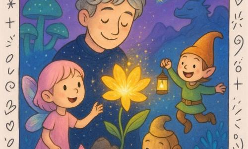 Un hombre adulto, sonriente y sereno, de ojos brillantes y cabello gris plateado alborotado, viste una túnica azul noche con estrellas y acaricia una gran flor dorada chispeante; a su izquierda, una niña de unos 8 años con alas de mariposa translúcidas color arcoíris y cabello rosa pálido la mira maravillada mientras extiende la mano; a su derecha, un pequeño elfo de 10 años peludo con gorro en forma de luna brinca alegre sosteniendo una linterna que proyecta puntos de luz; junto a la base de la flor, un robot infantil de madera pulida con engranajes visibles repara una raíz brillante lanzando pequeñas chispas; todo ello sobre una montaña flotante con cristales rosas y grandes hongos verdes, cielo violeta con cometas y auroras y un bosquecillo de árboles azul eléctrico de hojas neón; la escena muestra cómo el hombre revive la flor dormida mientras la luz se esparce en partículas doradas, un dragón de humo duerme en una cresta y el grupo comparte un momento tierno y mágico, estilo colorido y atmósfera féerica.