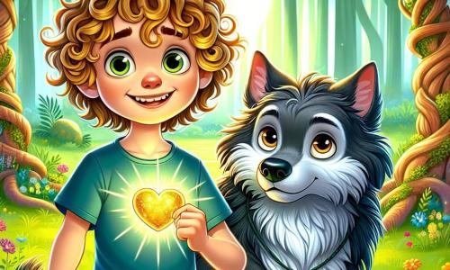 Al centro dell'immagine c'è un ragazzo di 7 anni di nome Leo, con capelli ricci e dorati, che sorride con coraggio e amicizia. Indossa una maglietta blu e pantaloni corti verdi, tenendo un amuleto a forma di cuore scintillante nella mano, pronto a difendere il suo nuovo amico. Accanto a lui c'è Lupo Nero, un grande lupo grigio con occhi dolci e tristi, che mostra gratitudine e curiosità. Il suo pelo è spesso e setoso, e guarda Leo con ammirazione. Sullo sfondo, la scena si svolge in una foresta incantata con alberi alti e nodosi e foglie verdi che danzano nel vento. Leo e Lupo Nero sono uniti di fronte a un gruppo di animali del bosco, che li guardano con speranza; Leo spiega che l'amicizia può superare ogni paura, mentre Lupo Nero è pronto a dimostrare di non essere il cattivo che pensavano.