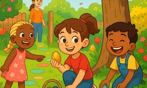 Bambina di 6 anni Lisa, viso rotondo e lentiggini, capelli castani raccolti, sorriso luminoso, inginocchiata vicino a un vecchio melo mentre tiene delicatamente un uovo di cioccolato avvolto in carta dorata; bambina di 6 anni Sofia, capelli biondi intrecciati, vestito rosa a fiori, in piedi a sinistra di Lisa indicando un sentiero di ciottoli colorati; bambino di 6 anni Marco, capelli castani corti, salopette blu, raccoglie un altro uovo vicino a un cespuglio di fragole a destra; la madre trentenne con capelli lunghi raccolti sorride teneramente sullo sfondo vicino alla porta del giardino; giardino primaverile con prato verde, tulipani rossi e gialli, cespugli fioriti e un grande melo dalla corteccia ruvida; situazione: caccia alle uova al sole — Lisa trova il primo uovo dorato tra le radici del melo, gli amici la guardano eccitati, cesti di vimini pieni di cioccolatini e petali che fluttuano nell'aria.