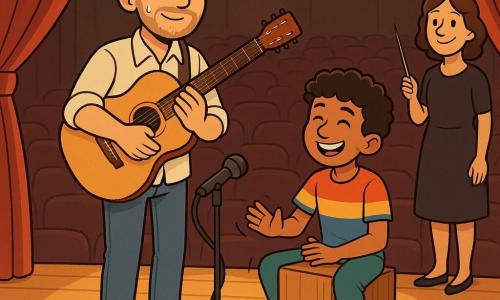 Ein junger Mann, der Protagonist, mit kurzem braunem Haar, leichter Dreitagebart, heller Hemd und Jeans, wirkt nervös und lächelnd, hält eine akustische Gitarre und schaut leicht nach rechts; neben ihm sitzt der etwa 12-jährige Emir, leicht gebräunt, mit schwarzen lockigen Haaren und buntem T‑Shirt auf einem Holzcajón und schlägt einen fröhlichen Rhythmus, er schaut ermutigend zum Mann; etwas weiter hinten rechts steht die etwa 40-jährige Dirigentin in dunklem Kleid mit Taktstock, lächelnd und stolz am Bühnenrand; Schauplatz ist eine Auditoriumbühne mit glänzendem Holzfußboden, geöffneten roten Vorhängen, leeren bordeauxroten Samtsesseln und warmem Scheinwerferlicht mit goldenen Halos; Szene: Probe vor einem Konzert, Mann und Junge spielen zusammen im Bühnenzentrum in unterstützender, geteilter Atmosphäre, kleine Requisite wie eine umgestoßene Wasserflasche neben dem Mikro als amüsantes Detail; visueller Stil: warme kontrastreiche Farben, klare ausdrucksstarke Konturen, einfache Schatten, einladende Stimmung.
