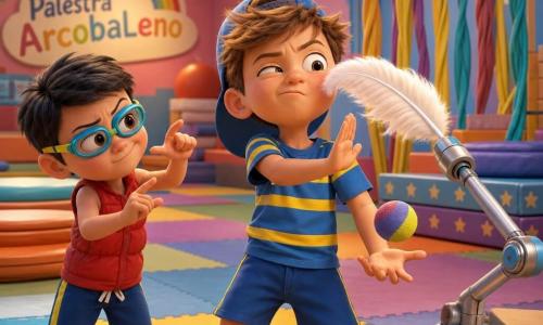 Ci sono due personaggi principali: Nico (bambino ~8 anni) capelli castano chiaro scompigliati, volto rotondo e occhi maliziosi, maglietta a righe blu e gialla, cappellino sportivo portato all'indietro, in piedi su una pedana di legno chiaro al centro, concentrato con una mano davanti per fermare una piuma e l'altra che giocoliere delicatamente con una pallina di spugna; Leo (bambino ~8 anni) capelli neri corti, grande sorriso trattenuto, occhialini da piscina colorati e gilet rosso, a sinistra della pedana in posa comica-seria che finge di tenere un cartello immaginario e pone una domanda assurda a Nico. Luogo: grande palestra colorata chiamata 