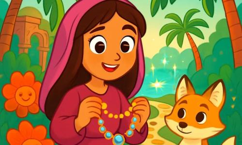 Layla, una joven con largos cabellos castaños y ojos llenos de curiosidad, se encuentra en el centro de un jardín encantado, rodeada de flores brillantes que cantan suavemente. Su rostro expresa asombro y determinación, mientras sostiene un hermoso collar brillante en sus manos. A su lado, Zafir, un pequeño zorro de pelaje dorado y ojos brillantes, la observa con una mirada sabia y protectora, listo para ayudarla en su búsqueda. El jardín es un lugar mágico, lleno de palmeras de hojas exuberantes, flores multicolores y una luz dorada que filtra a través de las ramas, creando una atmósfera de cuento de hadas. Caminos de piedras preciosas serpentean por el jardín, conduciendo a estatuas antiguas y fuentes murmullantes. La escena principal muestra a Layla y Zafir descubriendo un fascinante espejismo, una oasis brillante que parece llamarlos. Layla, con una mezcla de emoción y precaución, se prepara para avanzar, mientras Zafir la advierte, revelando así el dilema entre la belleza engañosa y la sabiduría.