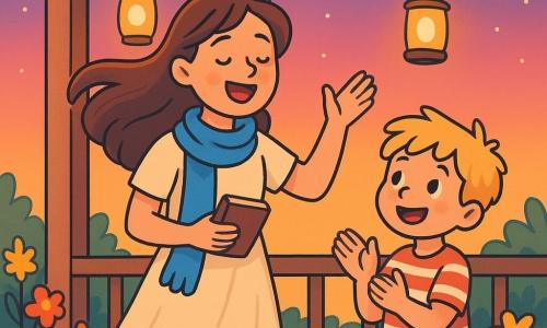 A young woman, Lila, smiling and joyful, stands on a wooden porch wearing a blue scarf and a light dress. Her brown hair gently floats in the wind as she holds a small notebook in one hand, while the other hand is raised to sing. Next to her, a little boy named Jo, 6 years old with messy blonde hair and a striped t-shirt, claps softly, his eyes shining with excitement. The porch is surrounded by colorful flowers and twinkling lanterns, as the sky turns pink and orange at sunset. The scene is peaceful and warm, filled with soft light. Lila sings a gentle melody, and all the neighbors gather around her, listening attentively and sharing a moment of musical magic under the starry sky.