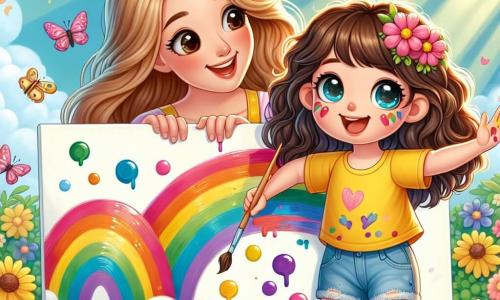 A 6-year-old girl with big sparkling eyes and curly brown hair joyfully smiles while painting a large rainbow on a white canvas. She wears a bright yellow t-shirt and denim shorts, with paint splatters on her hands. Next to her, her mother, a woman in her thirties with long, smooth hair, encourages her with a warm smile, holding a paintbrush in her hand. They are in a sunny garden filled with colorful flowers and butterflies fluttering around them. The scene radiates a joyful and creative atmosphere as the little girl focuses on filling her painting with bright colors, surrounded by the beauty of nature.